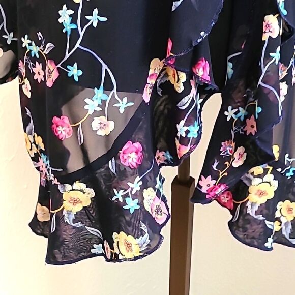Bedford Fair Sheer Coverup Jacket, Navy w/Colorful Flowers & Ruffles, Size 2X - Picture 3 of 7